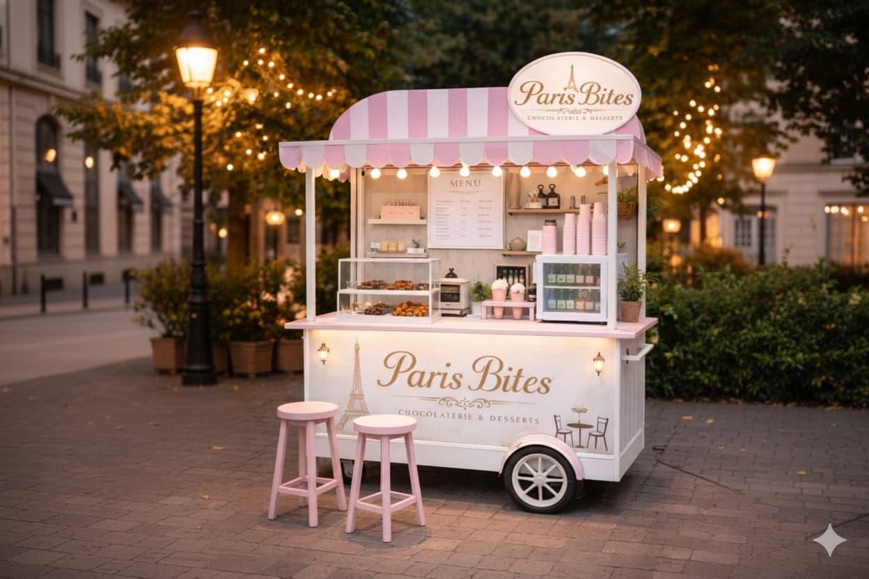 The Paris Bites dessert cart in Aundh, Pune — a white cart with a pink and white striped awning and a gold Paris Bites sign, lit up in the evening.