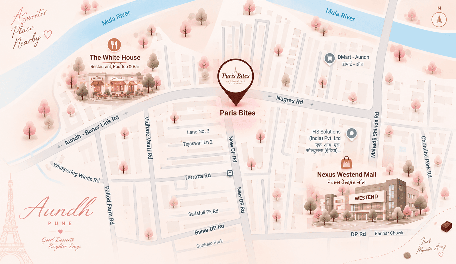 Illustrated map of Aundh, Pune showing the Paris Bites dessert cart on Nagras Road, near Nexus Westend Mall, The White House, D-Mart Aundh, New DP Road and the Mula River.
